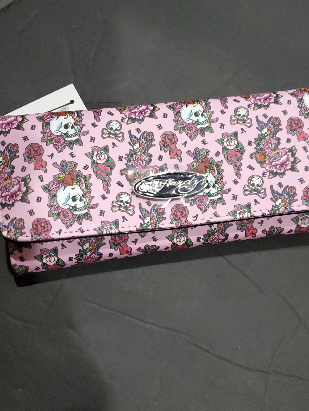 Ed Hardy pink iconic Ed Hardy roses skull print bifold‎ long wallet brand new